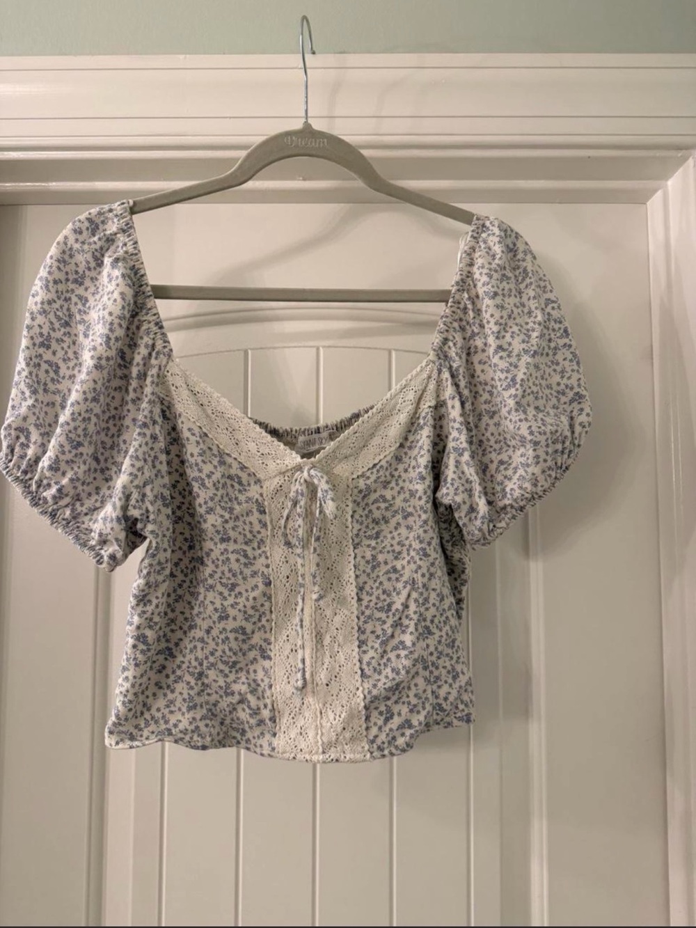 Sienna Sky Blue and White Floral Puff-Sleeve Peasant Top